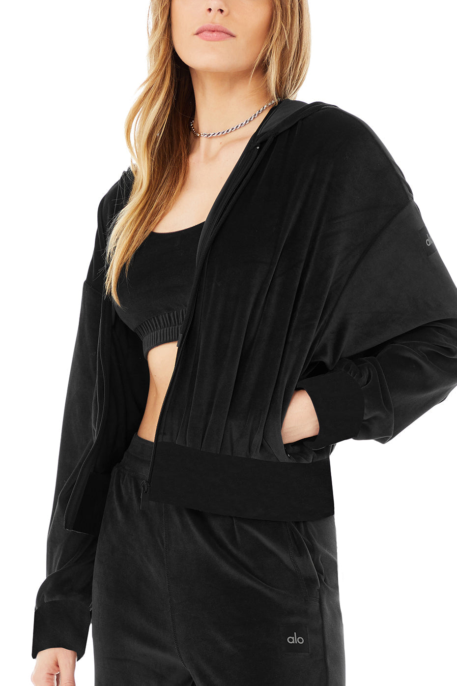 Velour Glimmer Scoop Neck Bra & Full Zip Hoodie & High-Waist Wide Leg Pant Set - Black