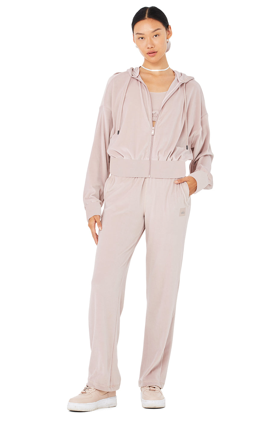 Velour Glimmer Scoop Neck Bra & Full Zip Hoodie & High-Waist Wide Leg Pant Set - Dusty Pink