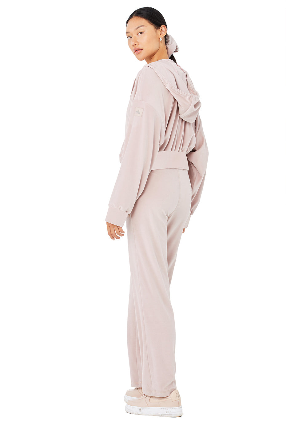 Velour Glimmer Scoop Neck Bra & Full Zip Hoodie & High-Waist Wide Leg Pant Set - Dusty Pink
