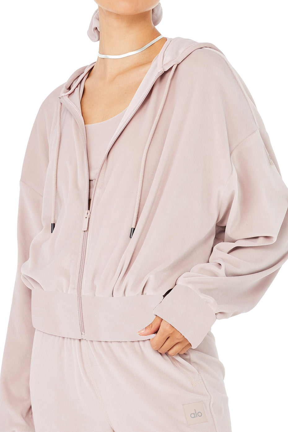 Velour Glimmer Scoop Neck Bra & Full Zip Hoodie & High-Waist Wide Leg Pant Set - Dusty Pink