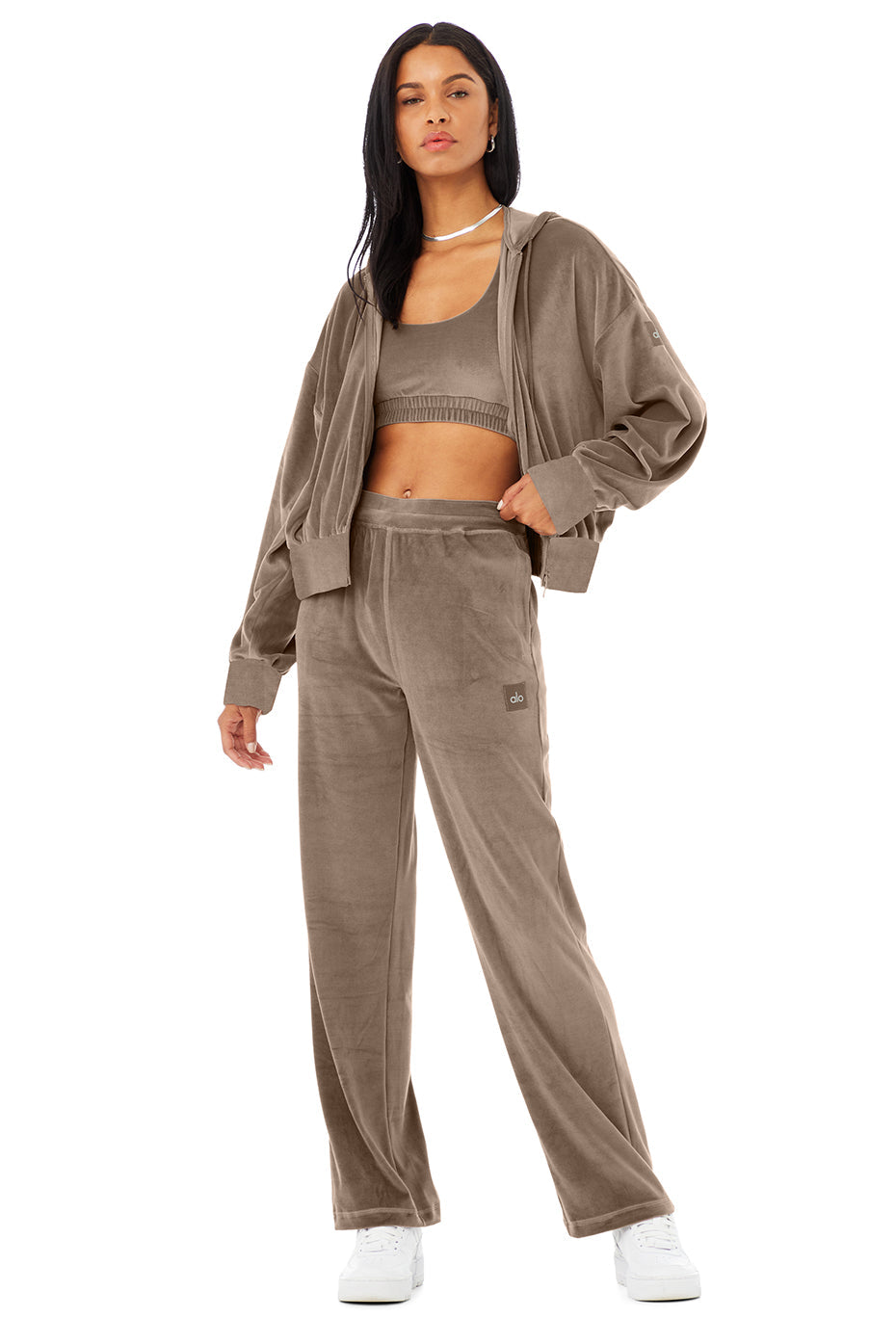 Velour Glimmer Scoop Neck Bra & Full Zip Hoodie & High-Waist Wide Leg Pant Set - Hot Cocoa