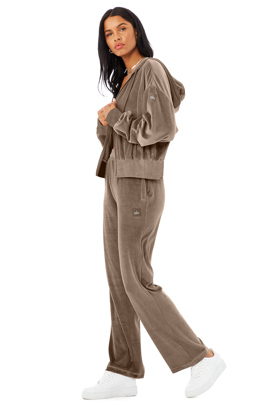 Velour Glimmer Scoop Neck Bra & Full Zip Hoodie & High-Waist Wide Leg Pant Set - Hot Cocoa