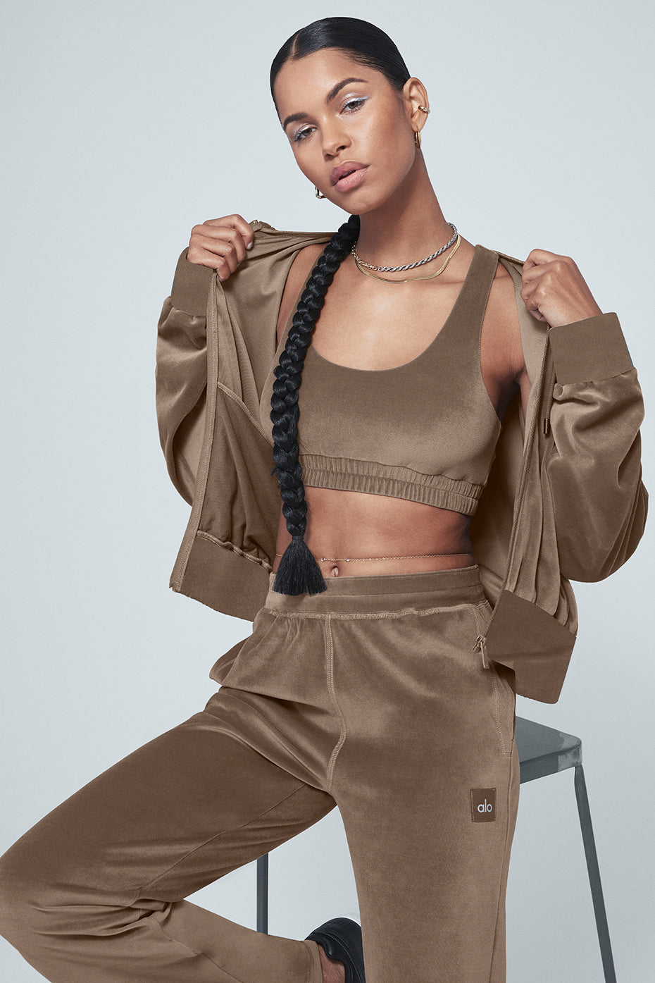 Velour Glimmer Scoop Neck Bra & Full Zip Hoodie & High-Waist Wide Leg Pant Set - Hot Cocoa