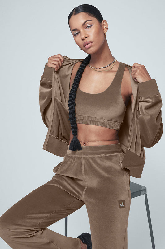 Velour Glimmer Scoop Neck Bra & Full Zip Hoodie & High-Waist Wide Leg Pant Set - Hot Cocoa