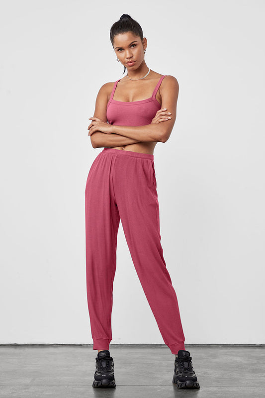 Ribbed Crop Whisper Bra Tank & High-Waist Ribbed Whisper Pant Set - Raspberry Sorbet
