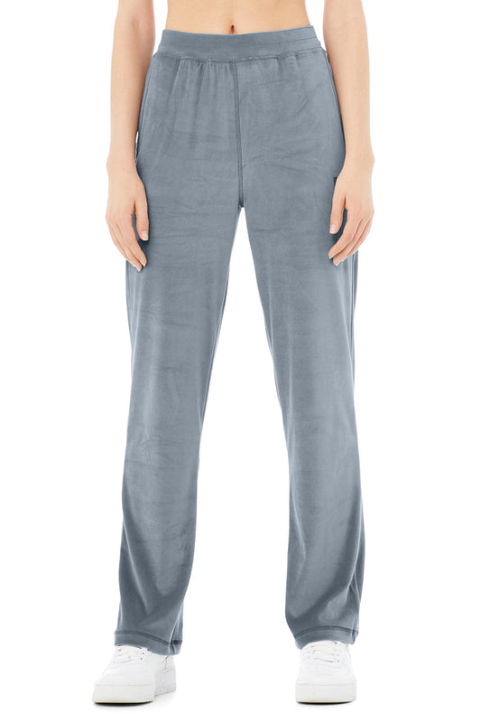 Velour High-Waist Glimmer Wide Leg Pant - Steel Blue