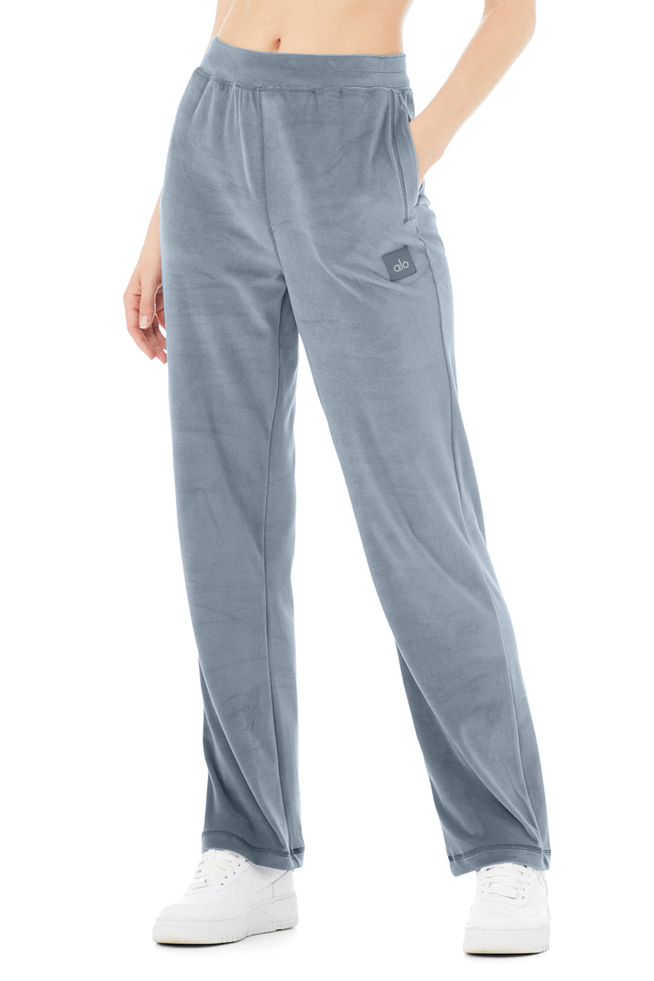 Velour High-Waist Glimmer Wide Leg Pant - Steel Blue