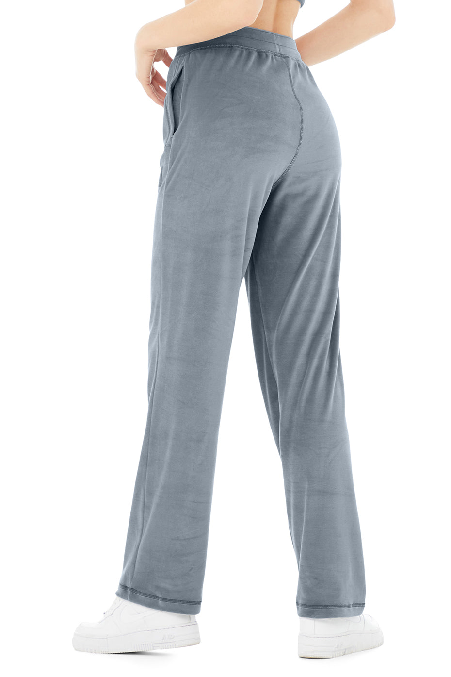 Velour High-Waist Glimmer Wide Leg Pant - Steel Blue