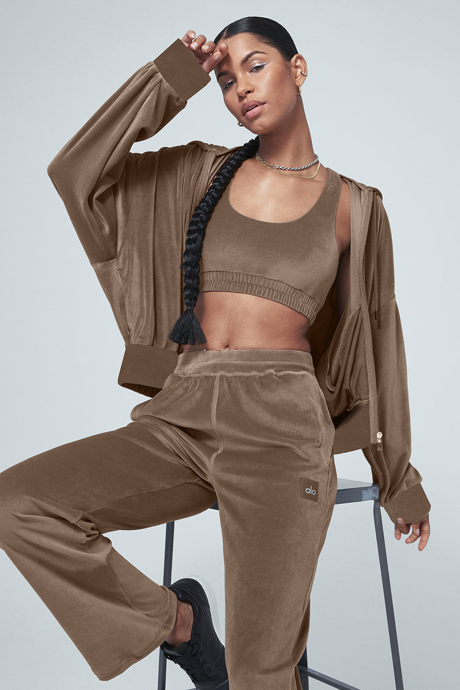 Velour High-Waist Glimmer Wide Leg Pant - Hot Cocoa