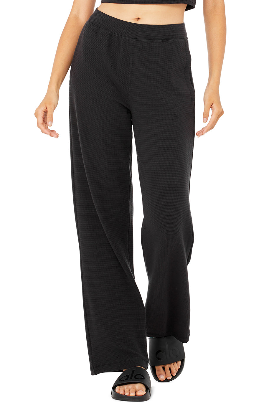 Micro Waffle High-Waist Pleasant Wide Leg Pant - Black