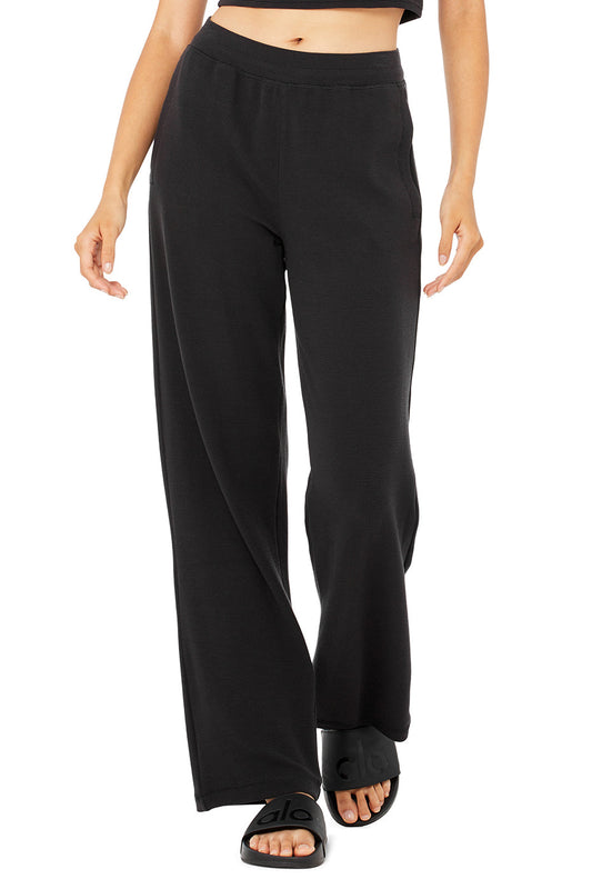 Micro Waffle High-Waist Pleasant Wide Leg Pant - Black
