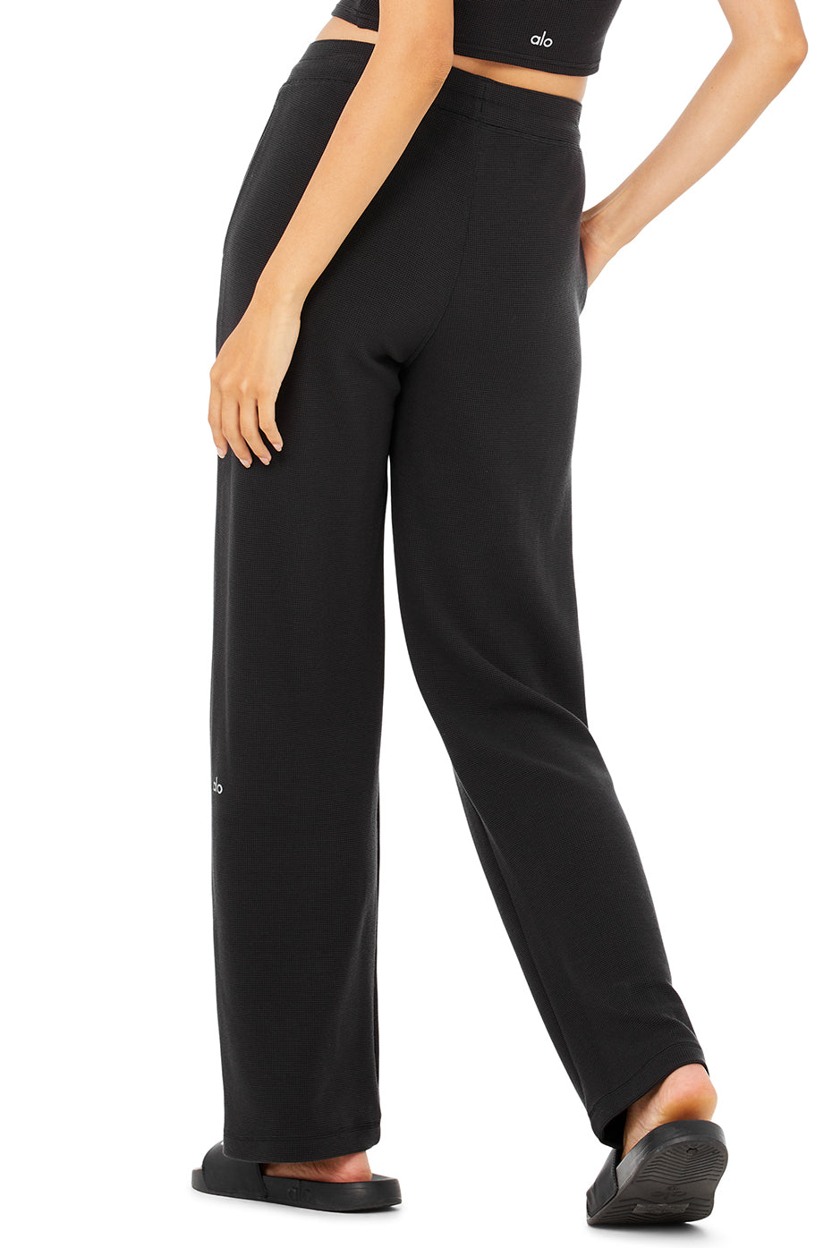 Micro Waffle High-Waist Pleasant Wide Leg Pant - Black