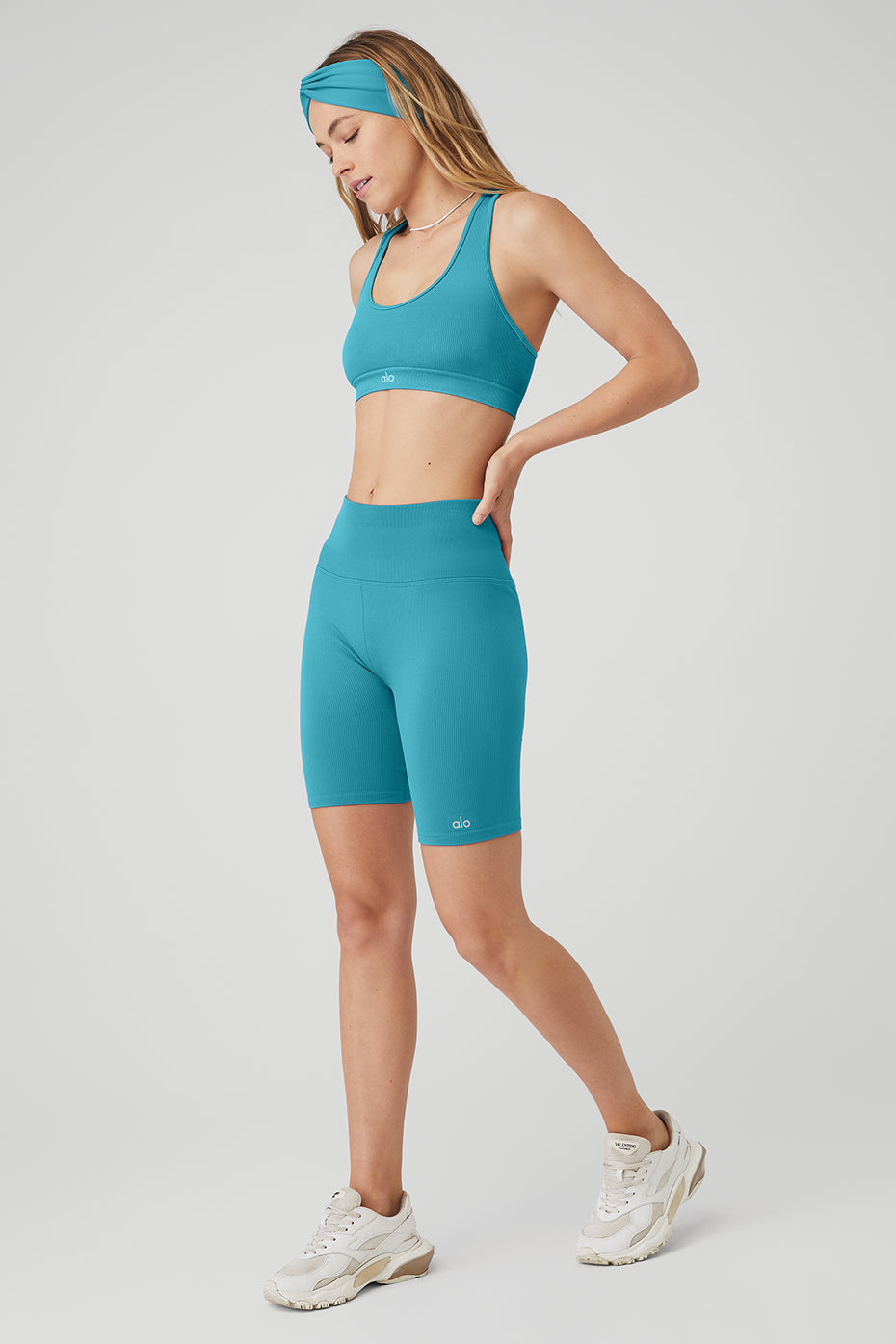 Seamless Ribbed Bra & 7" Seamless High-Waist Ribbed Biker Short Set - Blue Splash
