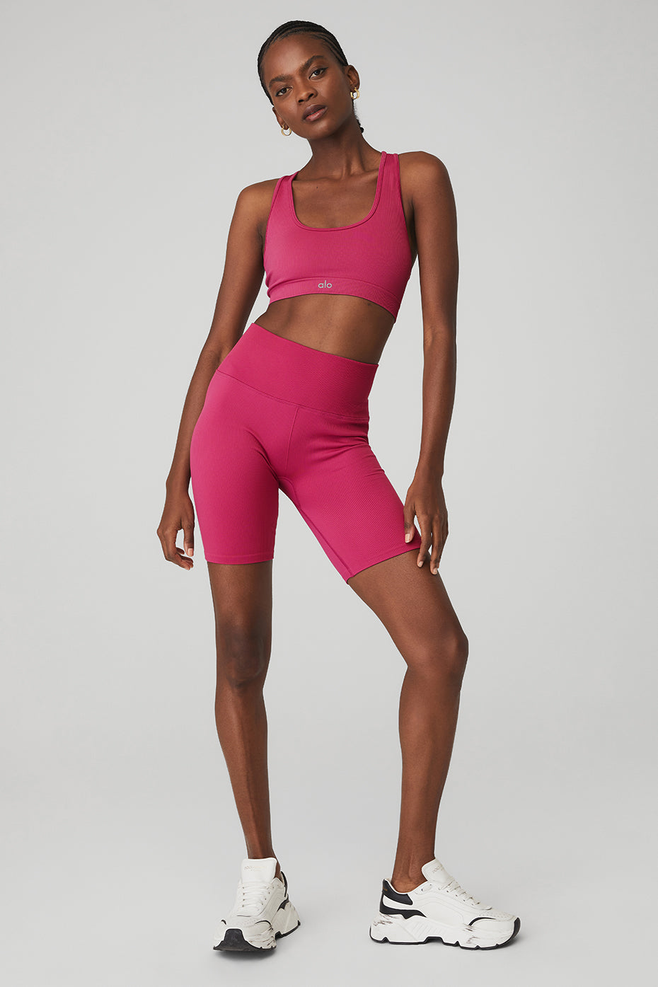 Seamless Ribbed Bra & 7" Seamless High-Waist Ribbed Biker Short Set - Magenta Crush