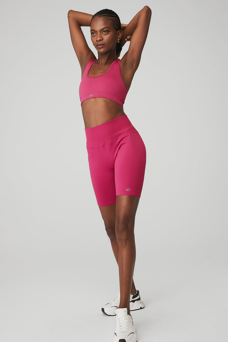 Seamless Ribbed Bra & 7" Seamless High-Waist Ribbed Biker Short Set - Magenta Crush