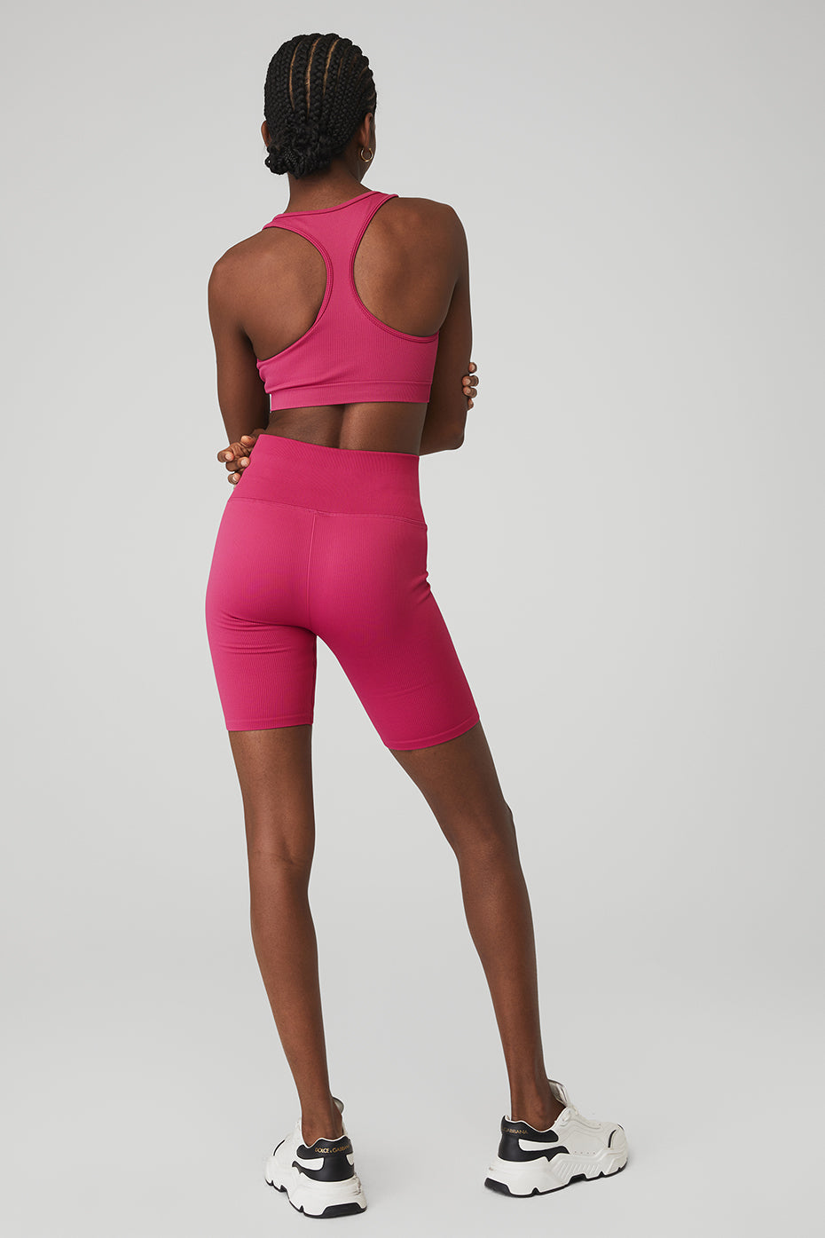 Seamless Ribbed Bra & 7" Seamless High-Waist Ribbed Biker Short Set - Magenta Crush