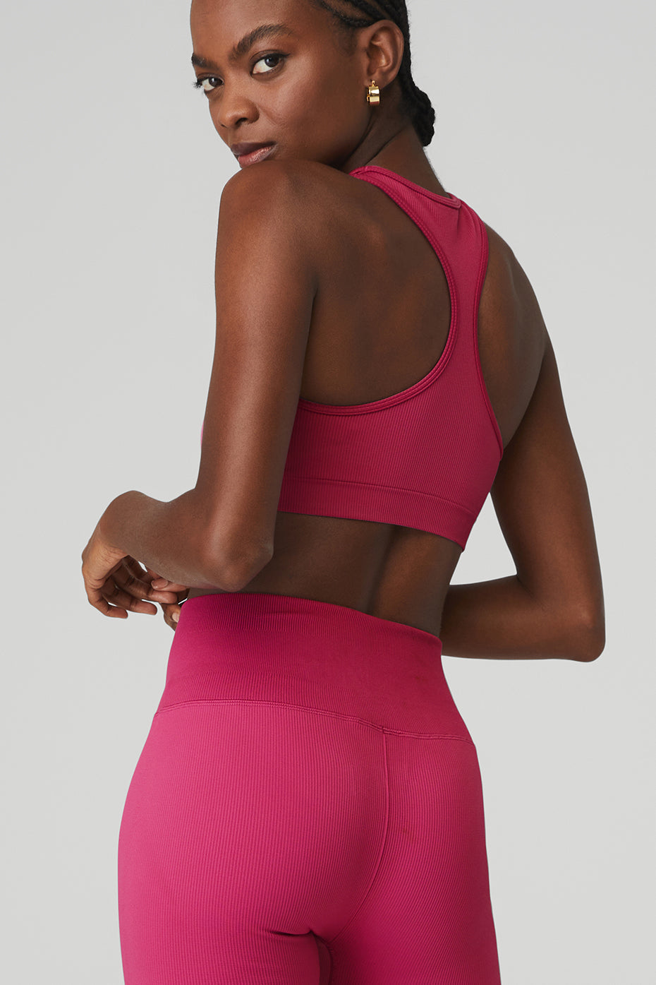 Seamless Ribbed Bra & Seamless High-Waist Ribbed Legging Set - Magenta Crush