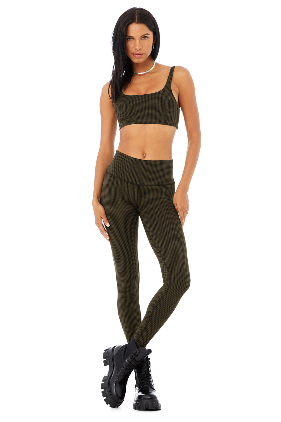 Micro Houndstooth Bra & High-Waist Legging Set - Dark Olive/Black