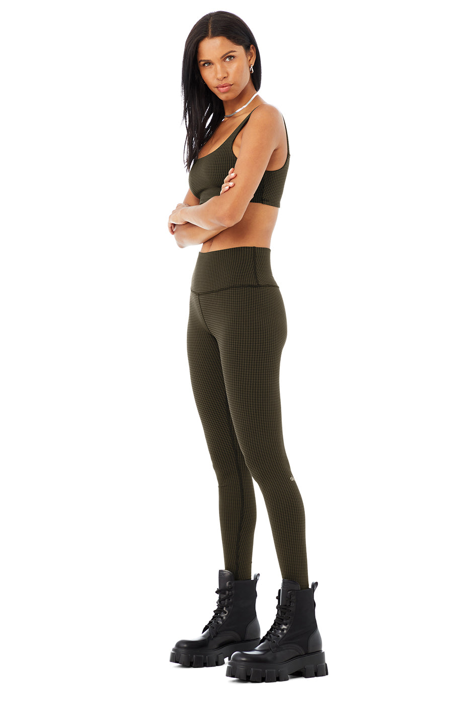 Micro Houndstooth Bra & High-Waist Legging Set - Dark Olive/Black