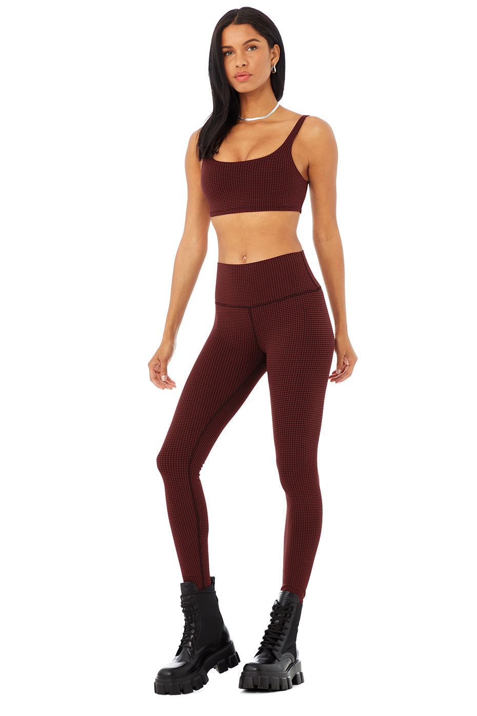 Micro Houndstooth Bra & High-Waist Legging Set - Cranberry/Black