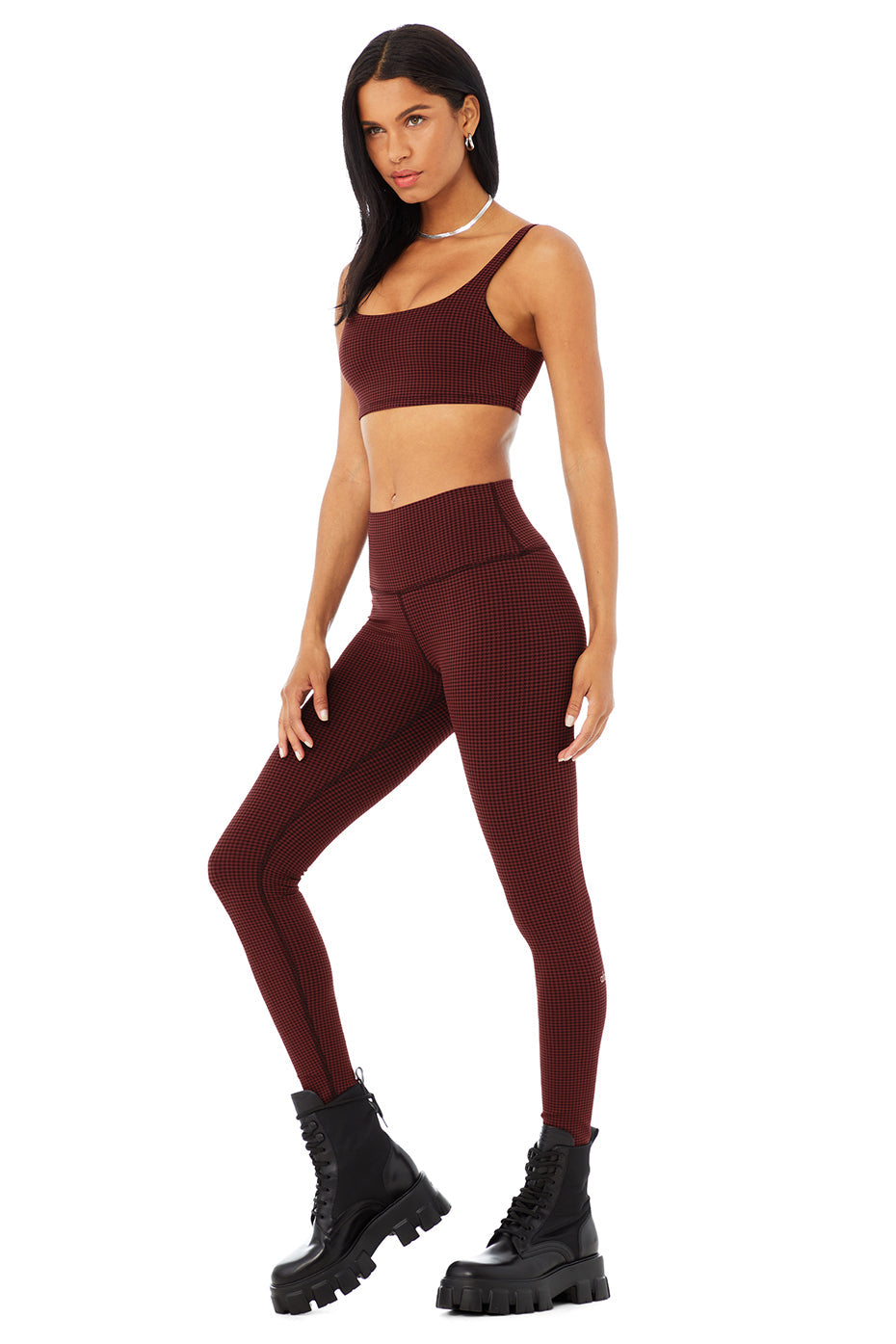 Micro Houndstooth Bra & High-Waist Legging Set - Cranberry/Black