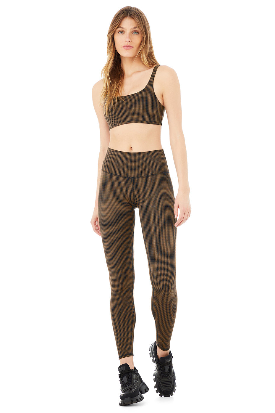 Micro Houndstooth Bra & High-Waist Legging Set - Hot Cocoa
