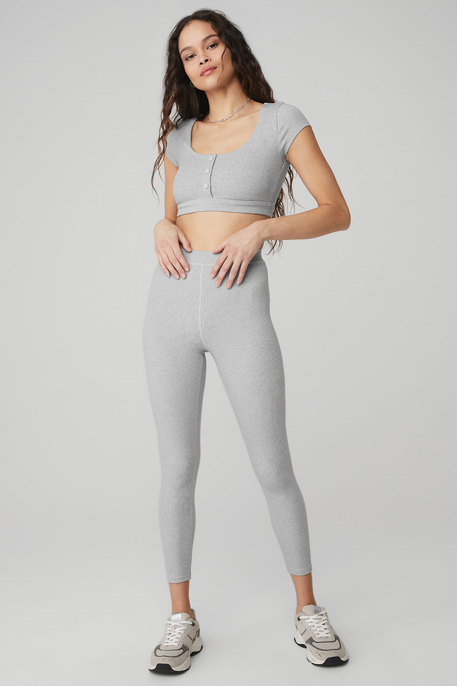 Blissful Henley Bra Top & Ribbed High-Waist 7/8 Blissful Legging Set - Athletic Heather Grey
