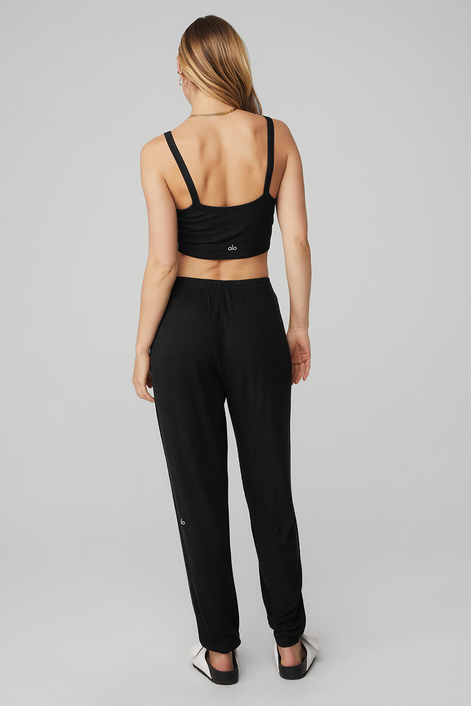 Ribbed Crop Whisper Bra Tank & High-Waist Ribbed Whisper Pant Set - Black
