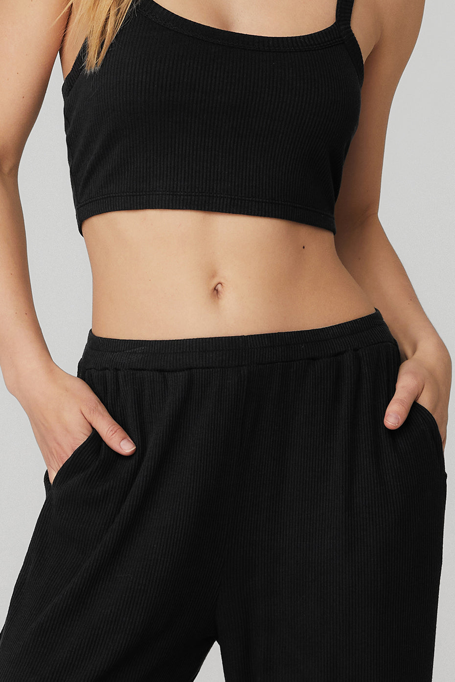 Ribbed Crop Whisper Bra Tank & High-Waist Ribbed Whisper Pant Set - Black