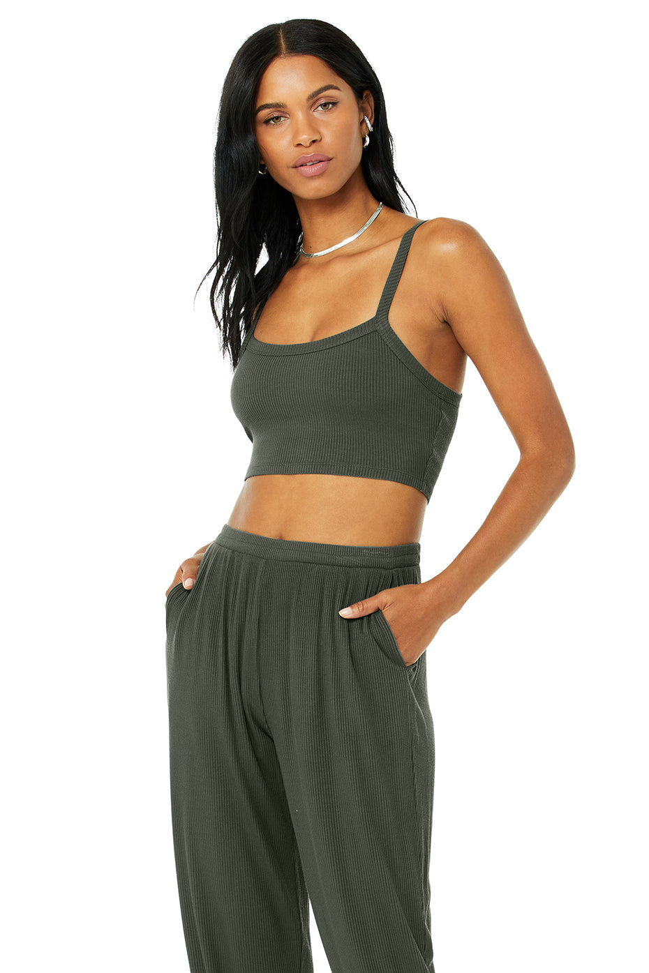 Ribbed Crop Whisper Bra Tank - Dark Cactus