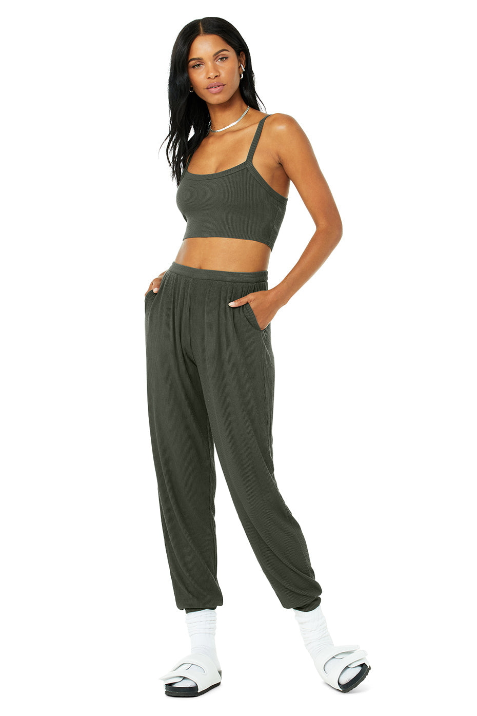Ribbed Crop Whisper Bra Tank & High-Waist Ribbed Whisper Pant Set - Dark Cactus