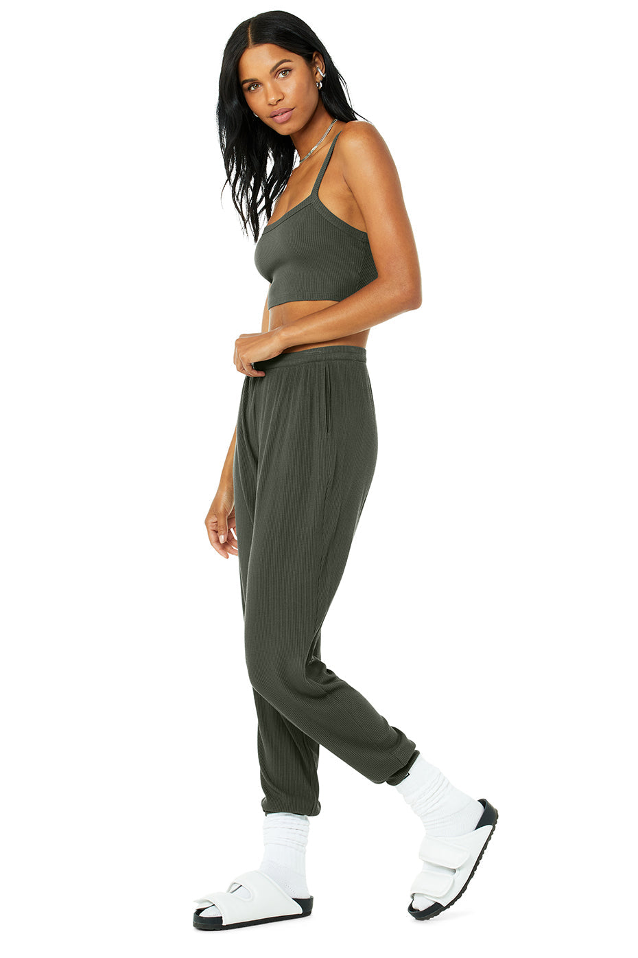 Ribbed Crop Whisper Bra Tank & High-Waist Ribbed Whisper Pant Set - Dark Cactus