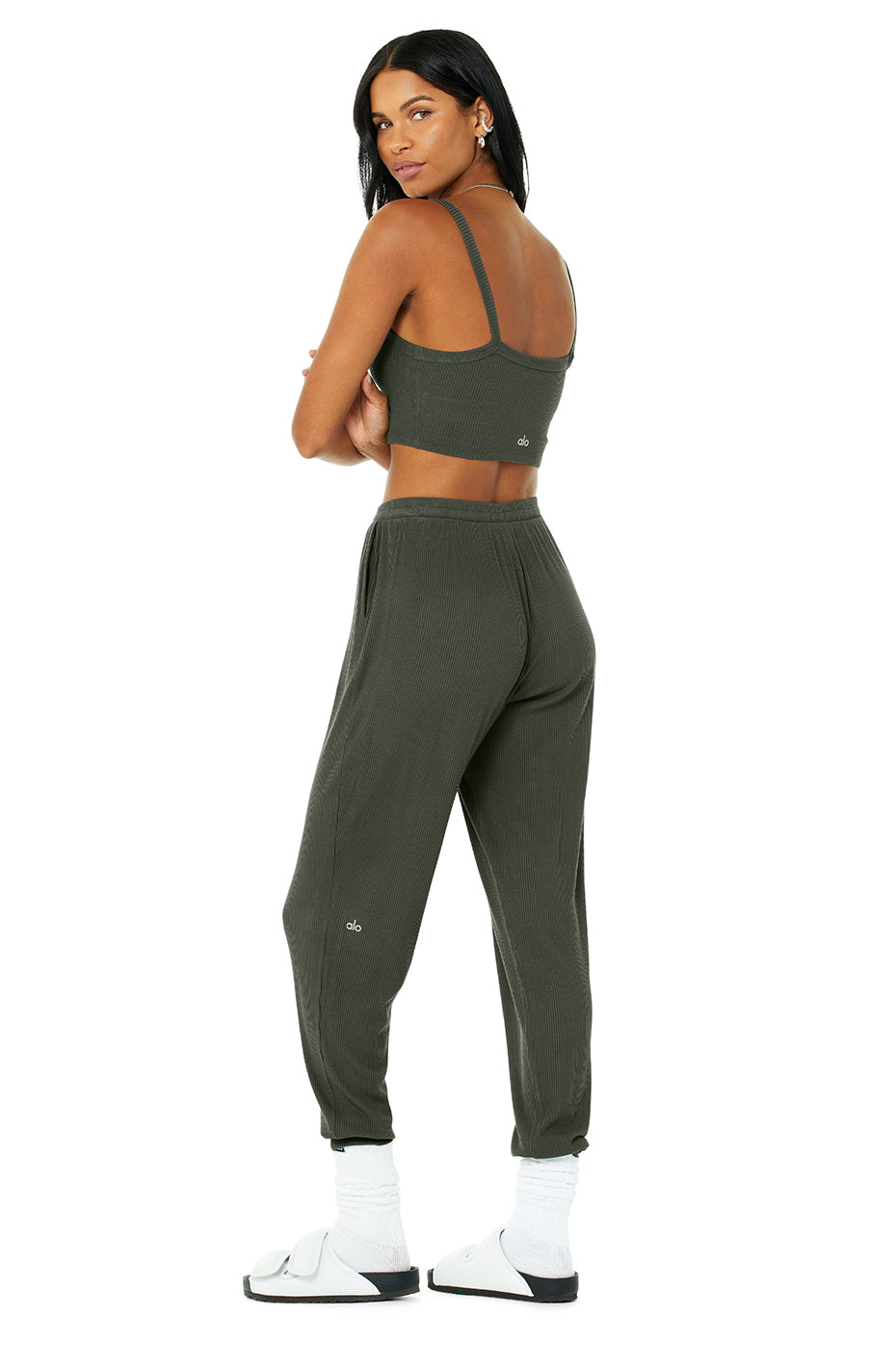 Ribbed Crop Whisper Bra Tank & High-Waist Ribbed Whisper Pant Set - Dark Cactus