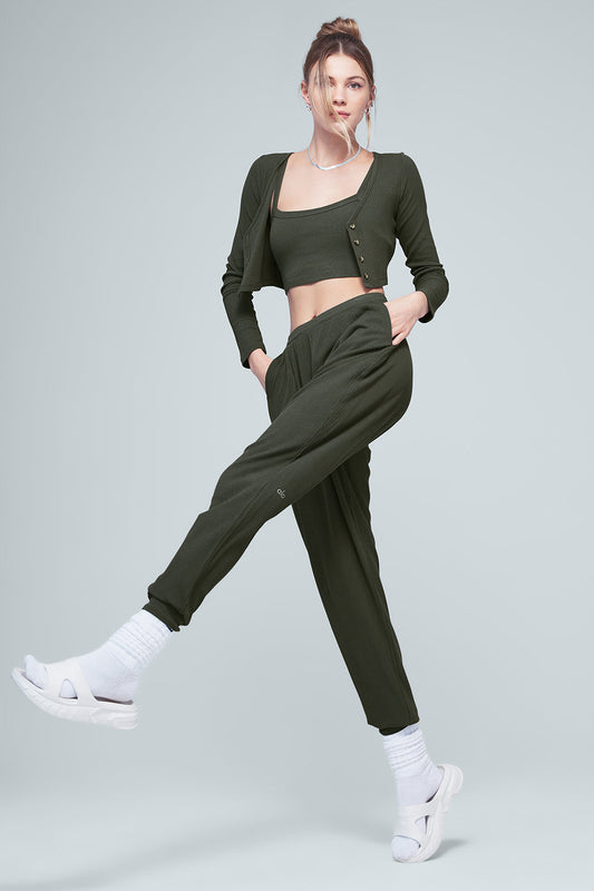 Ribbed Crop Whisper Bra Tank & High-Waist Ribbed Whisper Pant Set - Dark Cactus