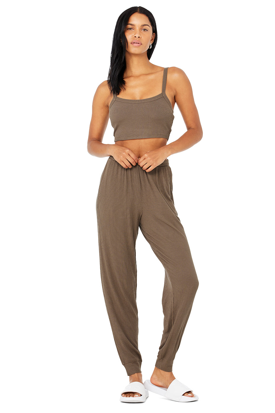 Ribbed Crop Whisper Bra Tank & High-Waist Ribbed Whisper Pant Set - Hot Cocoa