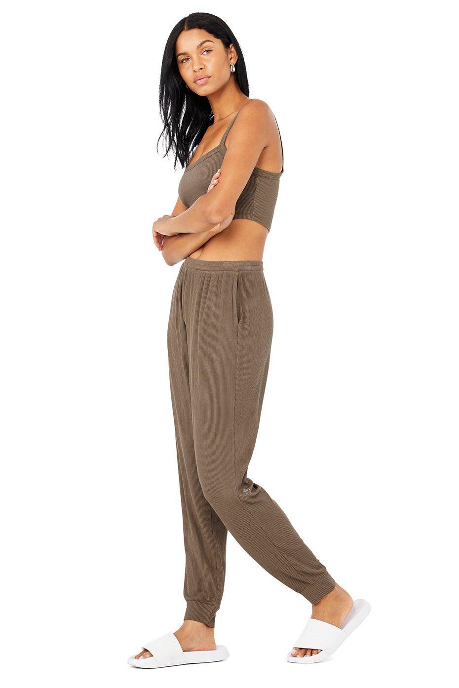 Ribbed Crop Whisper Bra Tank & High-Waist Ribbed Whisper Pant Set - Hot Cocoa