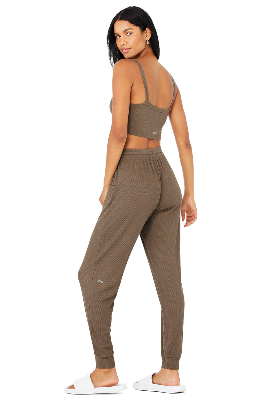 Ribbed Crop Whisper Bra Tank & High-Waist Ribbed Whisper Pant Set - Hot Cocoa