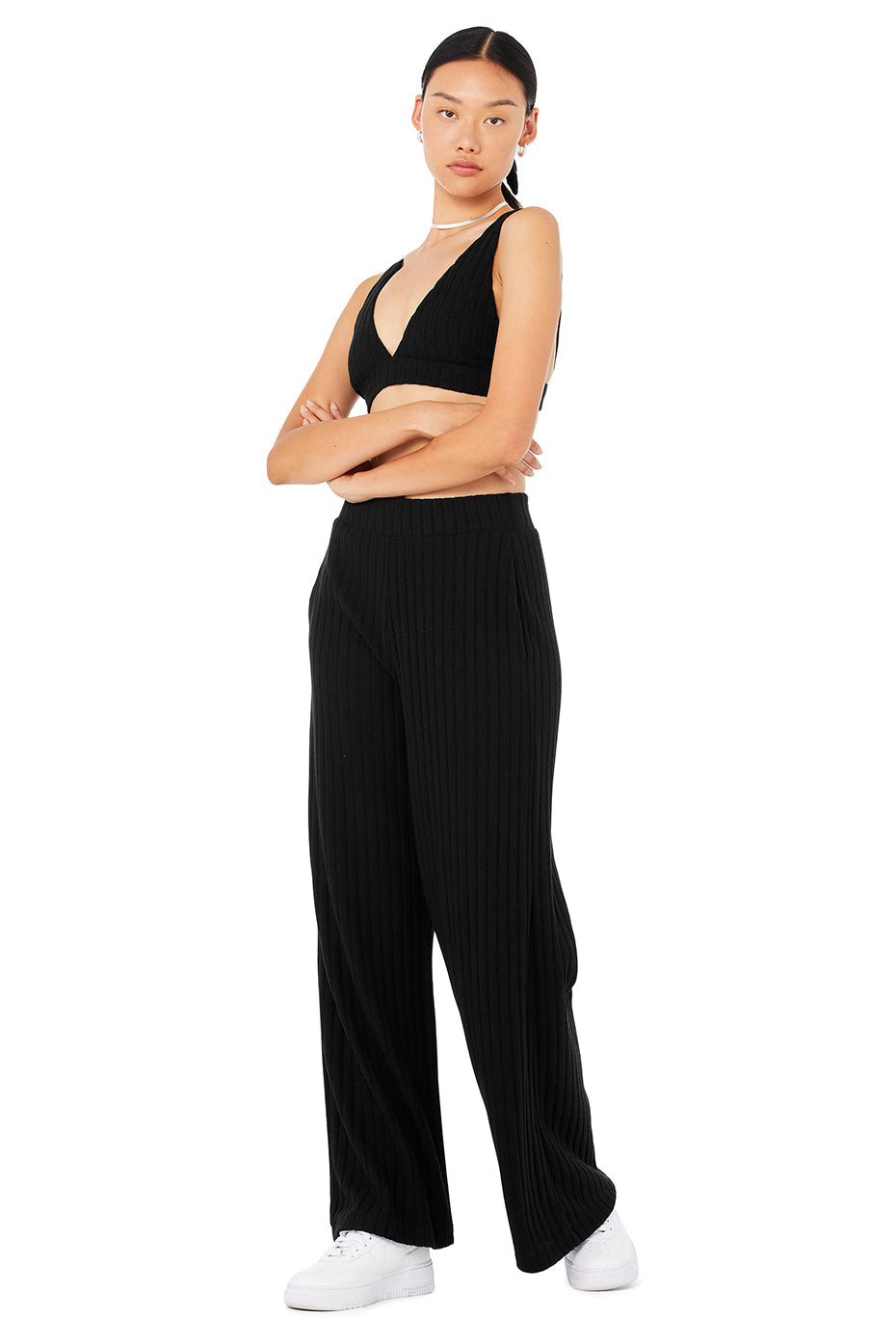 Ribbed Take Comfort Bra & Ribbed Take Comfort Wide Leg Pant Set - Black