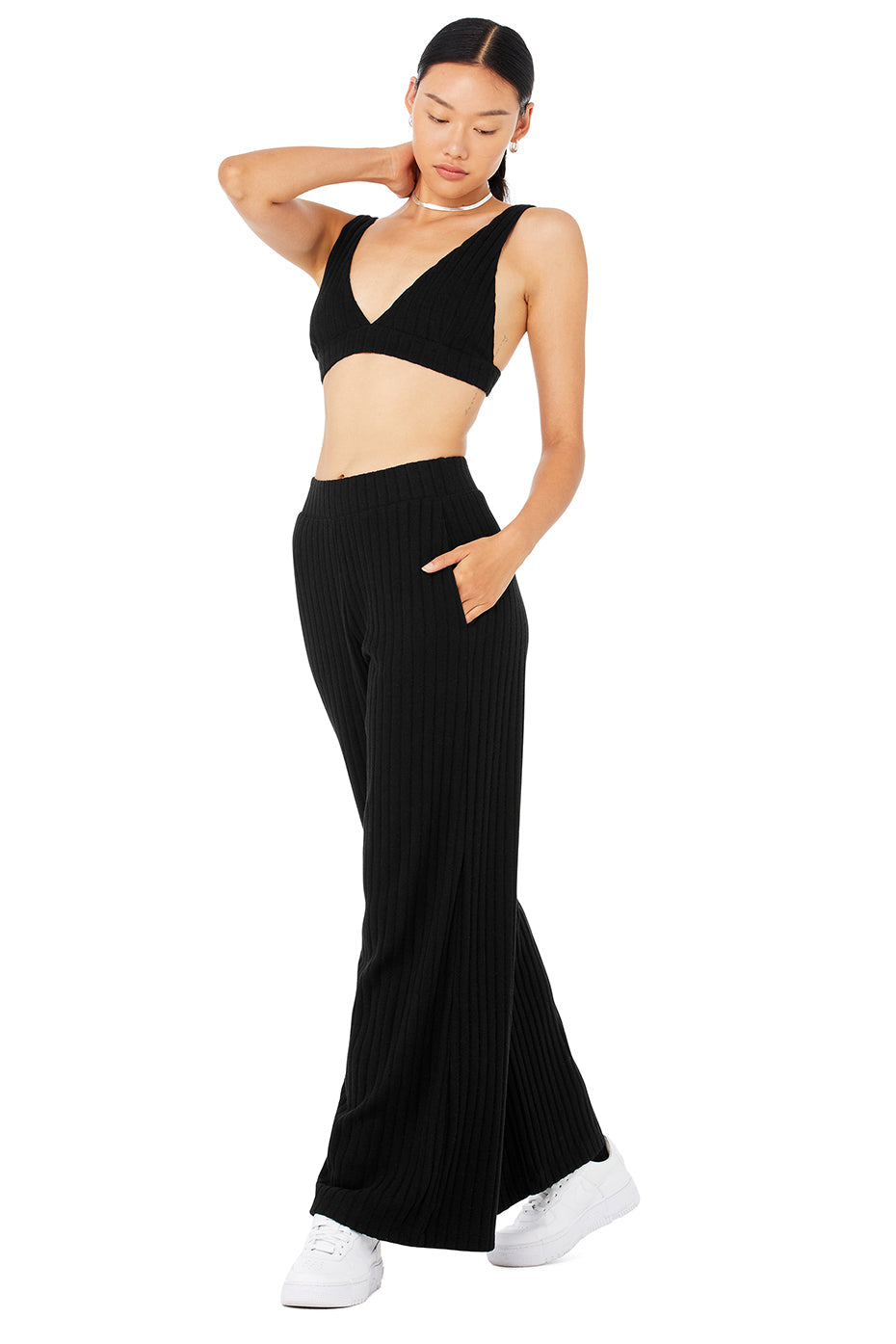 Ribbed Take Comfort Bra & Ribbed Take Comfort Wide Leg Pant Set - Black