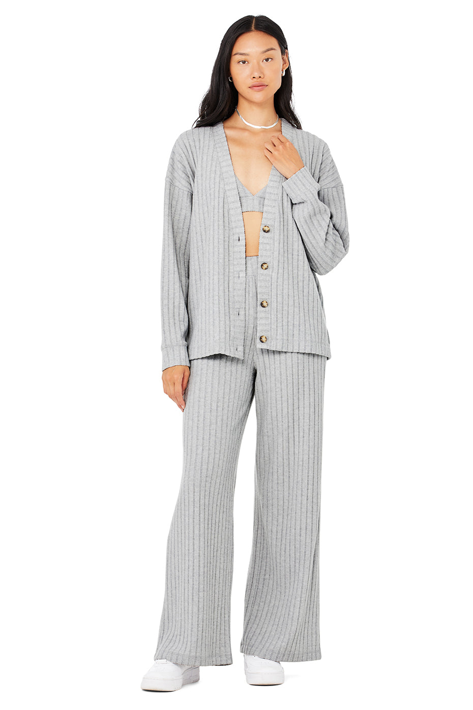Ribbed Take Comfort Bra, Cardigan & Wide Leg Pant Set - Athletic Heather Grey