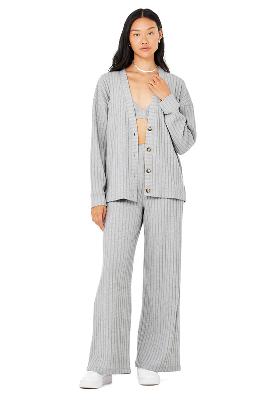 Ribbed Take Comfort Bra, Cardigan & Wide Leg Pant Set - Athletic Heather Grey