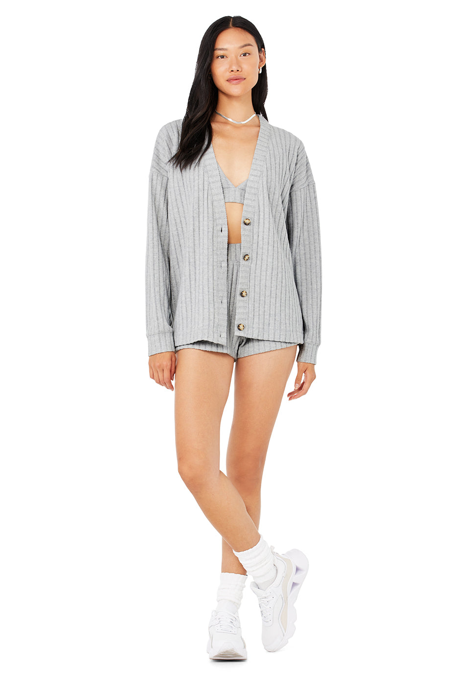 Ribbed Take Comfort Bra, Cardigan & Short Set - Athletic Heather Grey
