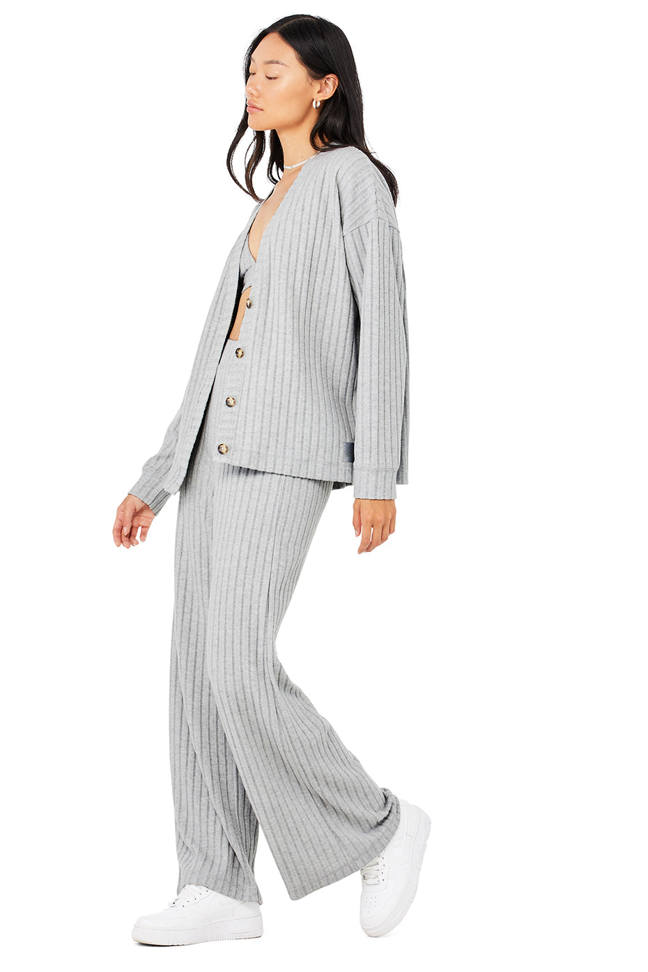 Ribbed Take Comfort Bra, Cardigan & Wide Leg Pant Set - Athletic Heather Grey