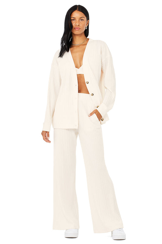 Ribbed Take Comfort Bra, Cardigan & Wide Leg Pant Set - Ivory