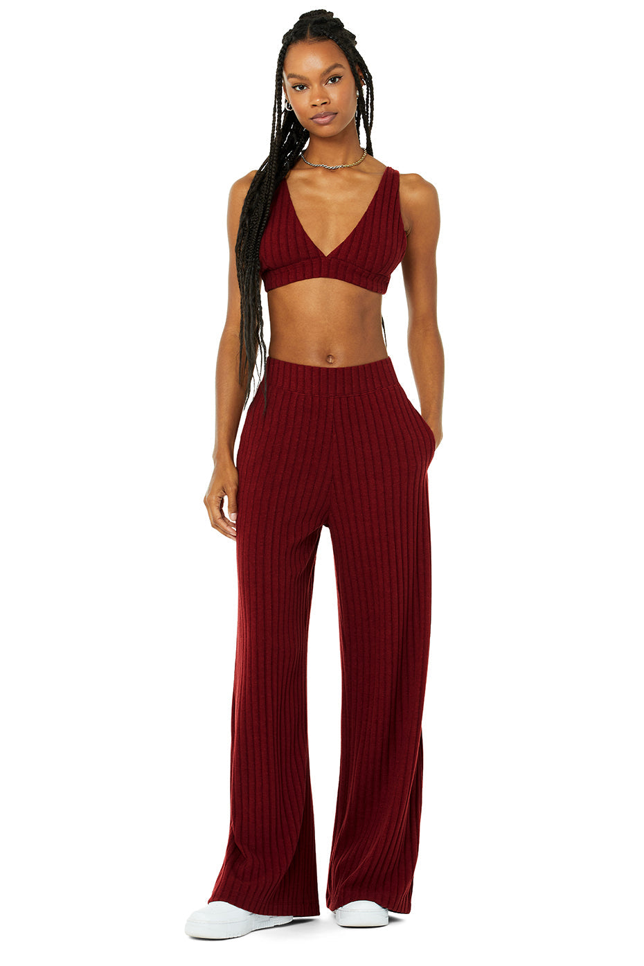 Ribbed Take Comfort Bra & Ribbed Take Comfort Wide Leg Pant Set - Cranberry
