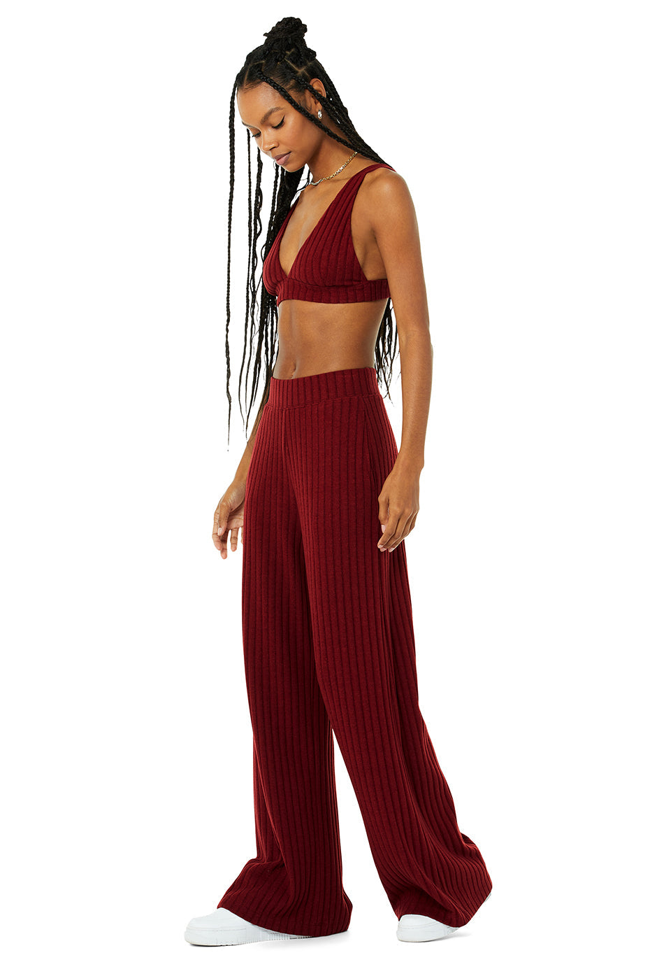 Ribbed Take Comfort Bra & Ribbed Take Comfort Wide Leg Pant Set - Cranberry