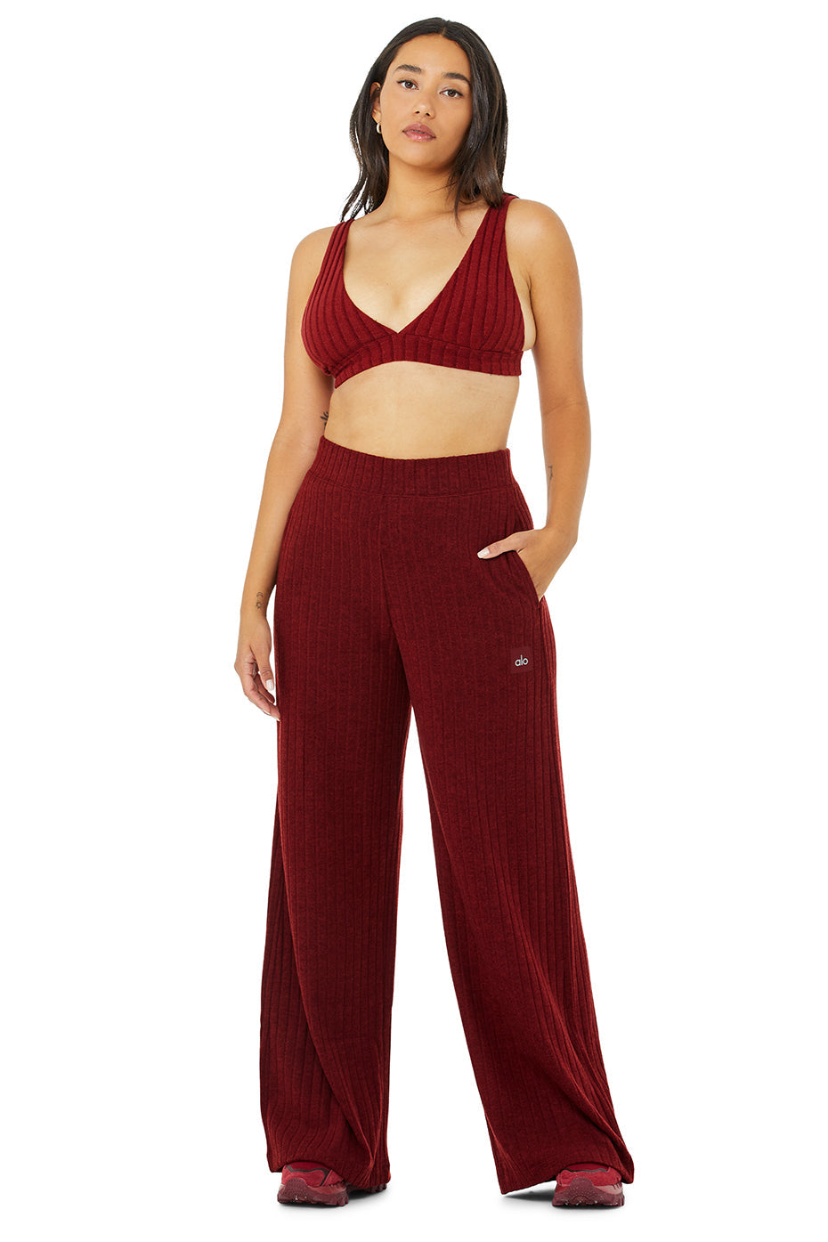 Ribbed Take Comfort Bra & Ribbed Take Comfort Wide Leg Pant Set - Cranberry