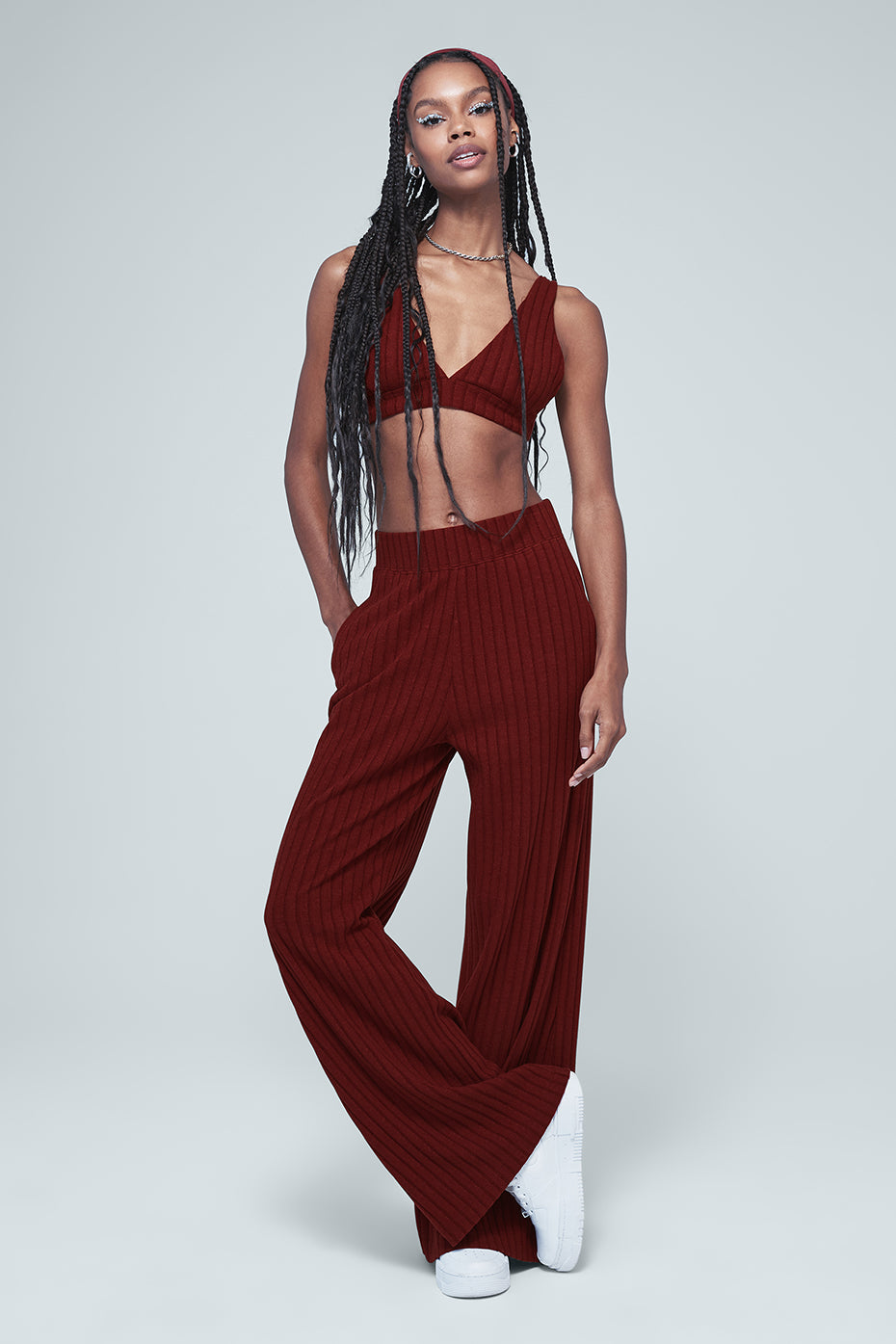 Ribbed Take Comfort Bra & Ribbed Take Comfort Wide Leg Pant Set - Cranberry