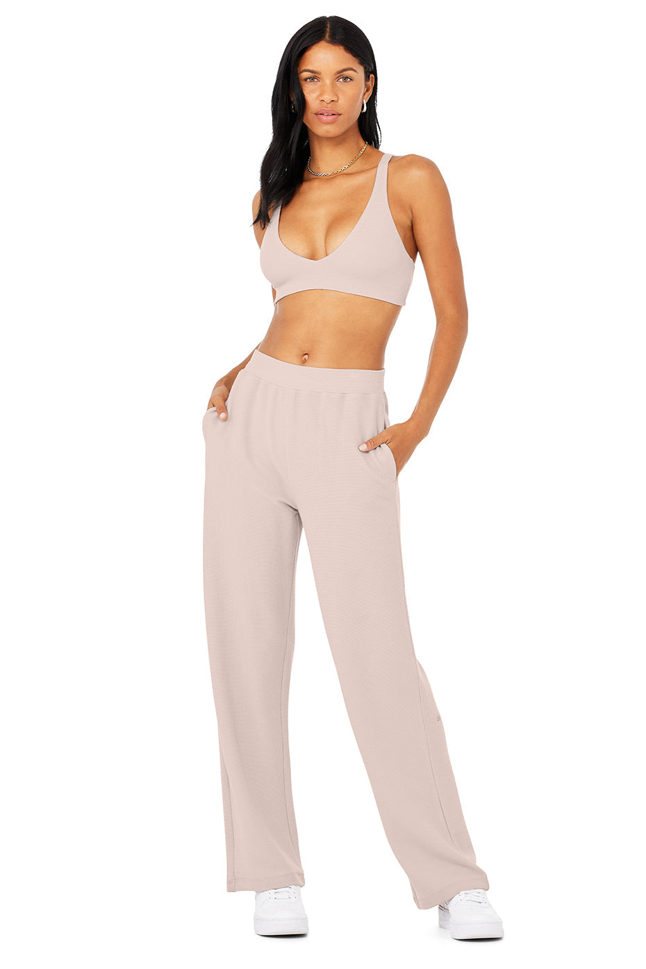 Micro Waffle Pleasant Bra & Micro Waffle High-Waist Pleasant Wide Leg Pant Set - Dusty Pink