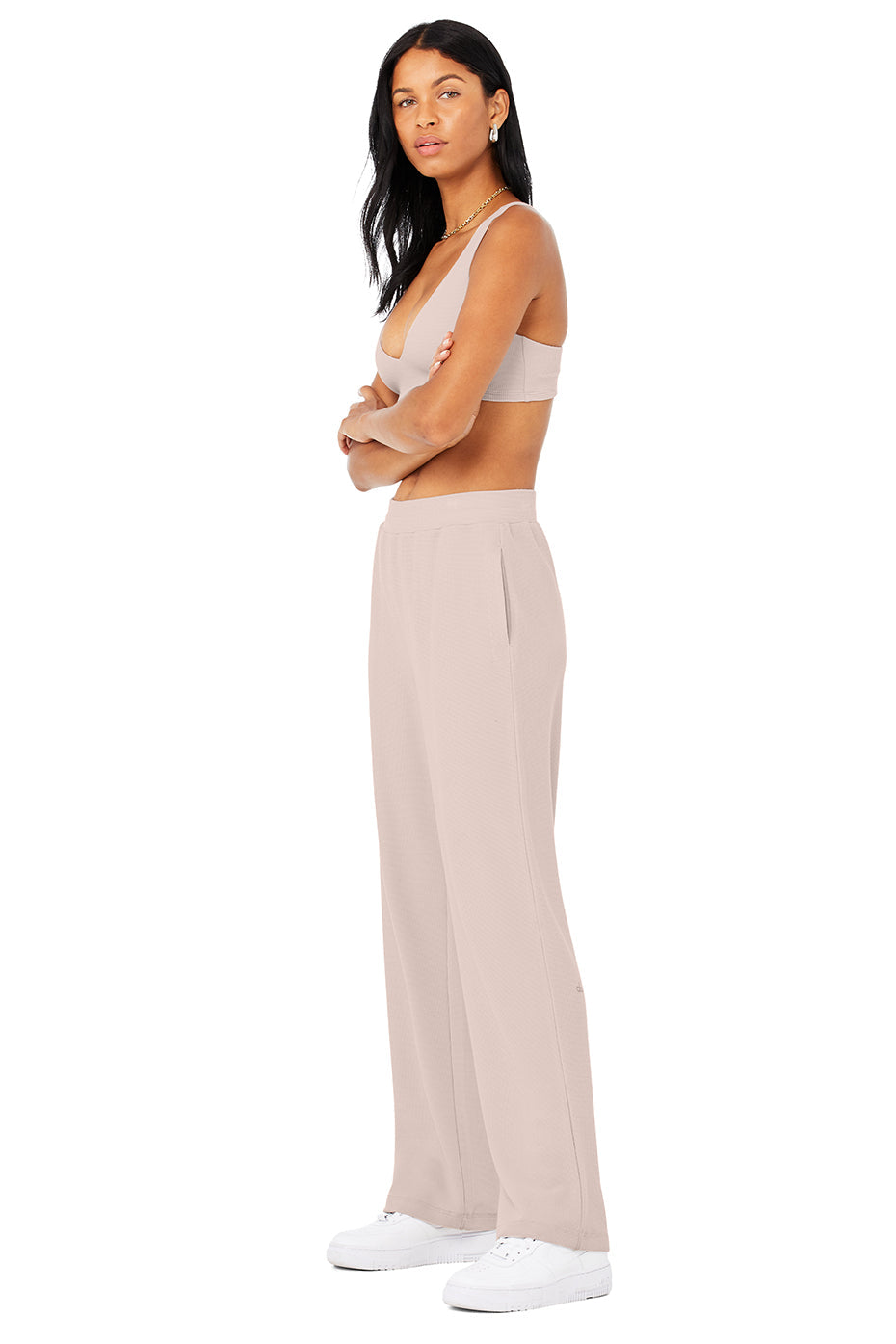 Micro Waffle Pleasant Bra & Micro Waffle High-Waist Pleasant Wide Leg Pant Set - Dusty Pink